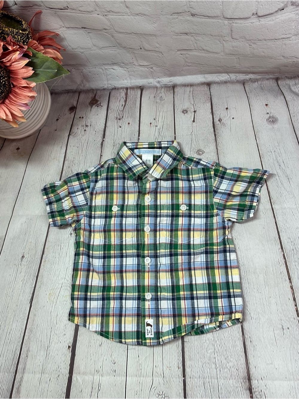 Janie and Jack preppy bright Plaid Short-Sleeve Button-Down cotton shirt 3-6M